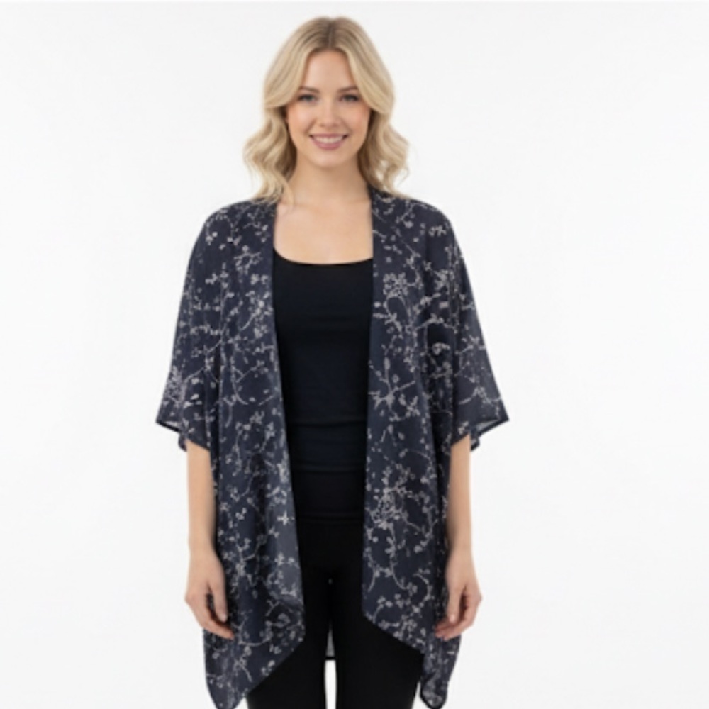 J JILL one size floral kimono navy blue & pink